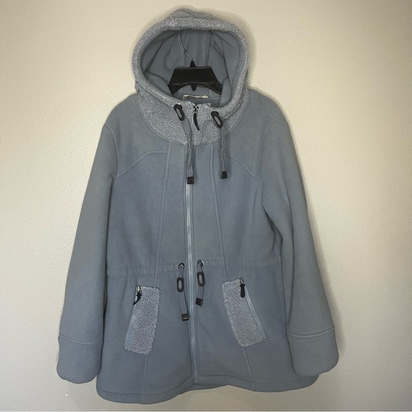 Koolaburra UGG Small Binded Fleece Sherpa Hooded Jacket Coat Large Blue Cinch - Picture 1 of 12
